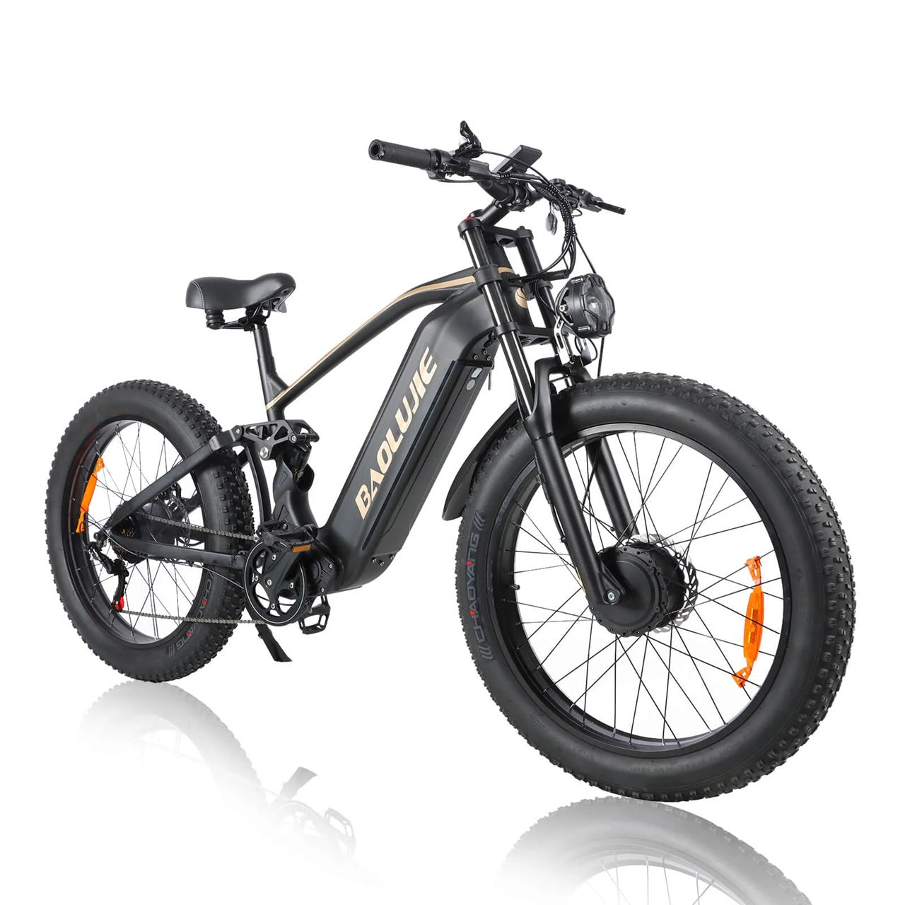 BAOLUJIE P2 Featuring a 52V 3000W Dual Motor (AWD) system and massive 23Ah battery for 90 miles range. Full suspension, hydraulic brakes, and 26x4.0 fat tires