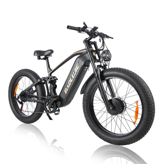 BAOLUJIE P2 Featuring a 52V 3000W Dual Motor (AWD) system and massive 23Ah battery for 90 miles range. Full suspension, hydraulic brakes, and 26x4.0 fat tires
